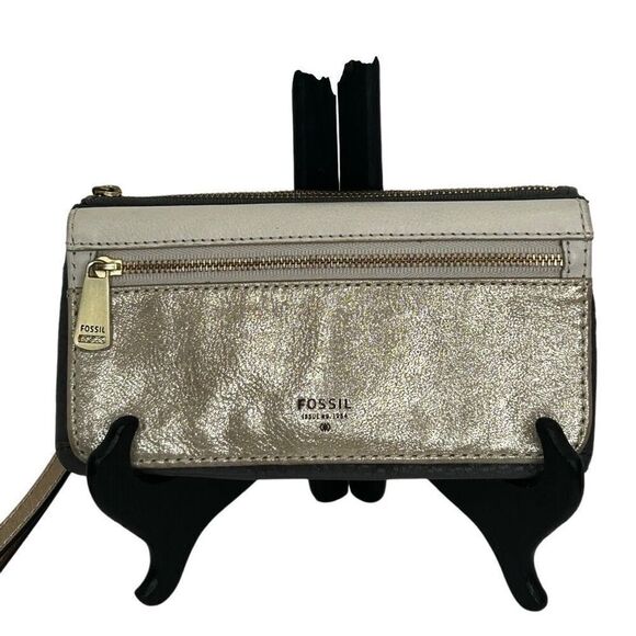 NWOT Fossil Preston Wristlet Wallet 7"x 4" Gold Metallic Leather Color-block - Picture 1 of 10